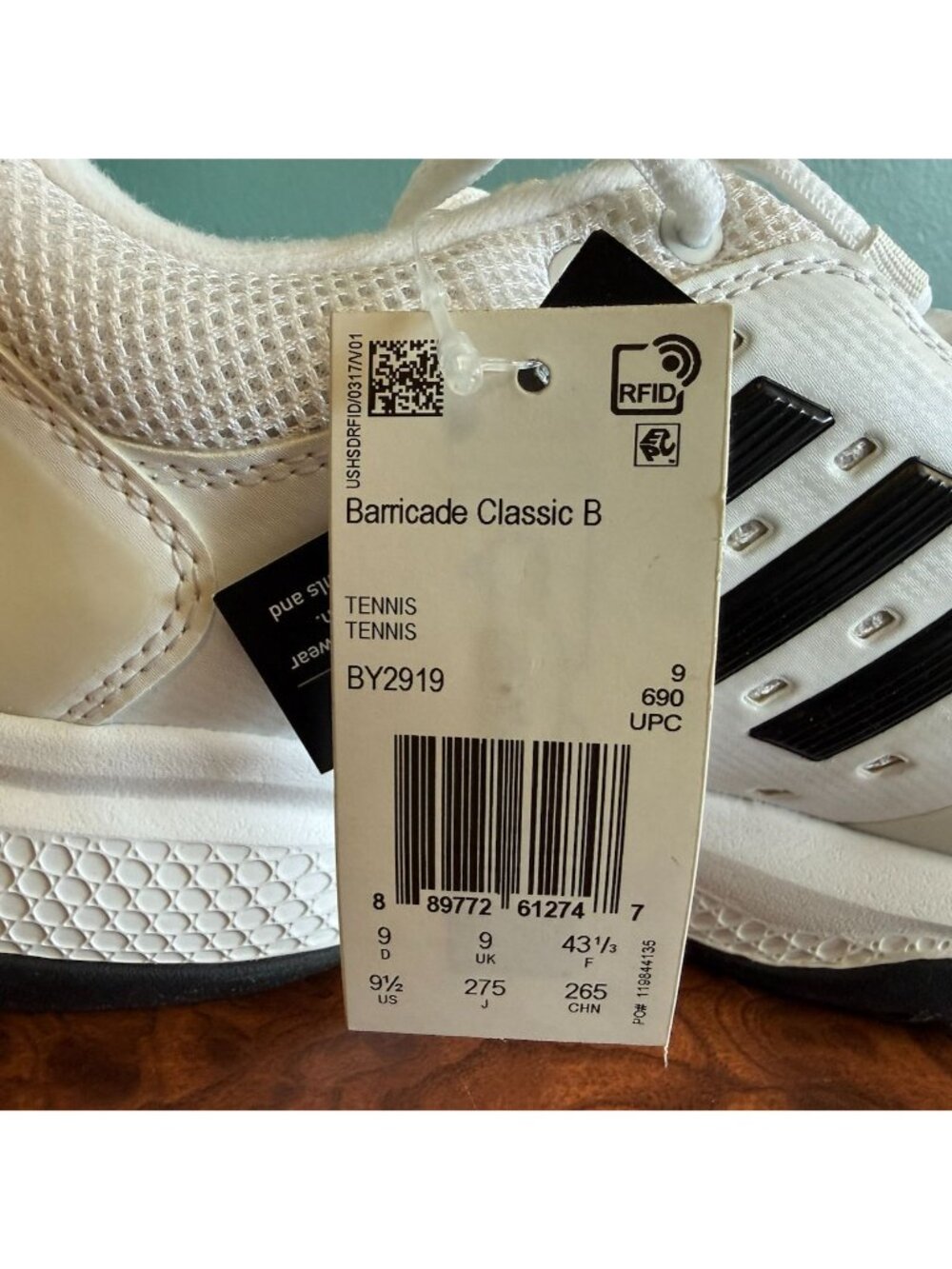 Mens Adidas Size 9 Barricade Class B Tennis Shoe Model BY2919 White Black - Picture 5 of 11